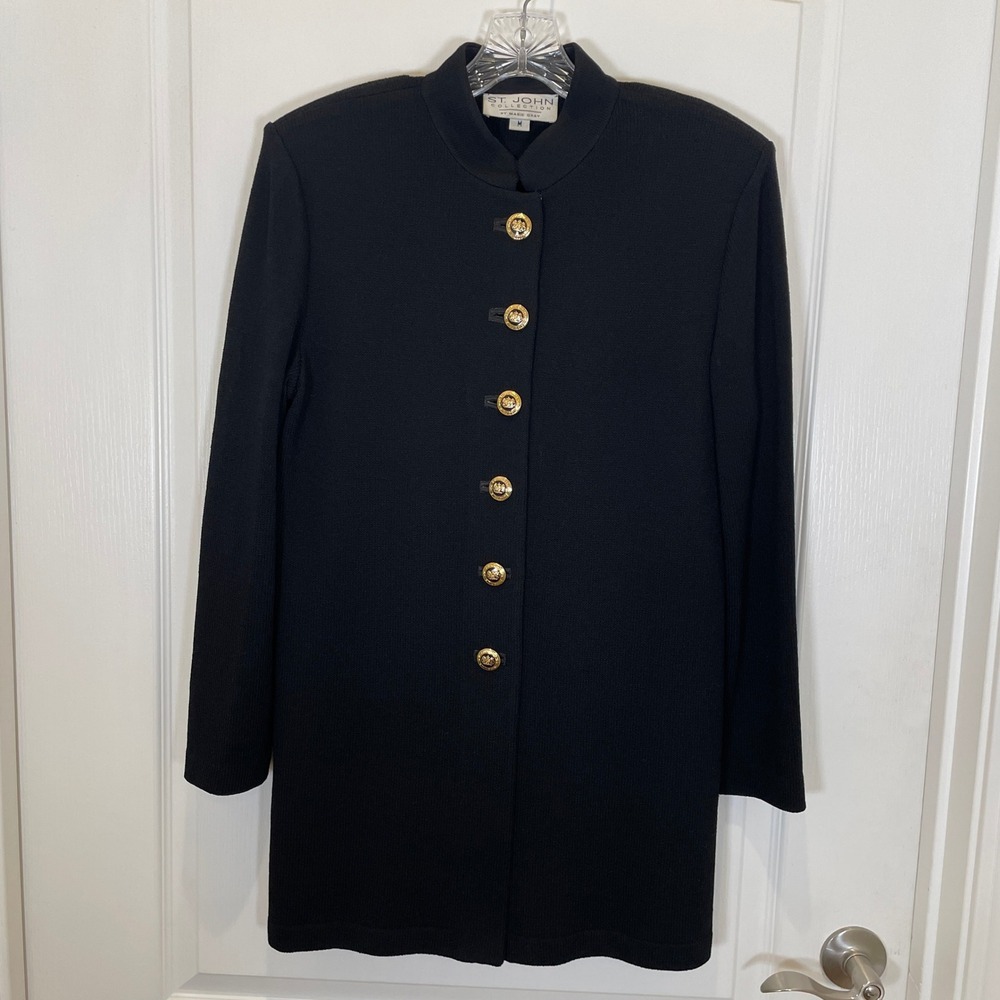 St John Collection Jacket Marie Gray Black Santana Knit Mandarin‎ Collar M